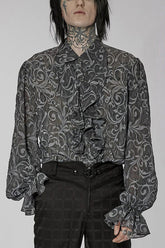 Gray Punk Chiffon Ruffle Stand Collar Wide Brimmed Lantern Sleeves Retro Relief Sculpture Embossing Men's Shirt